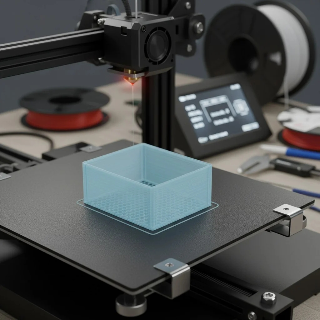 Close-up of a 3D printer creating a package prototype