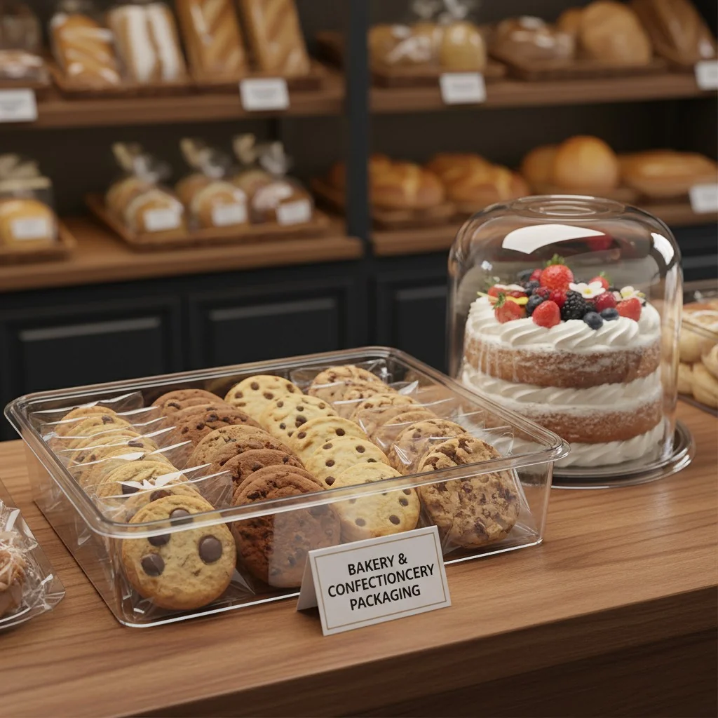 A clear plastic tray of cookies next to a plastic-domed cake container