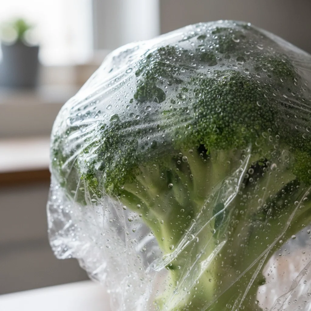 Close-up of broccoli wrapped in cling film showing some condensation