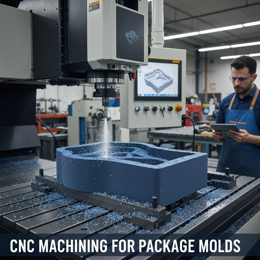 A CNC machine carving a mold for a package prototype