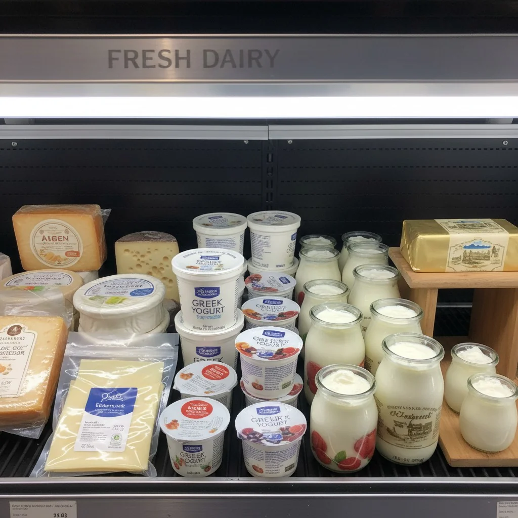 A variety of cheeses, yogurt cups, and a block of butter in their respective packaging