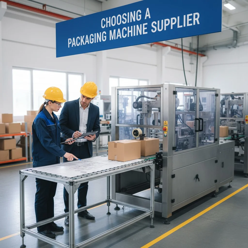 An engineer and a client discussing blueprints next to a packaging machine