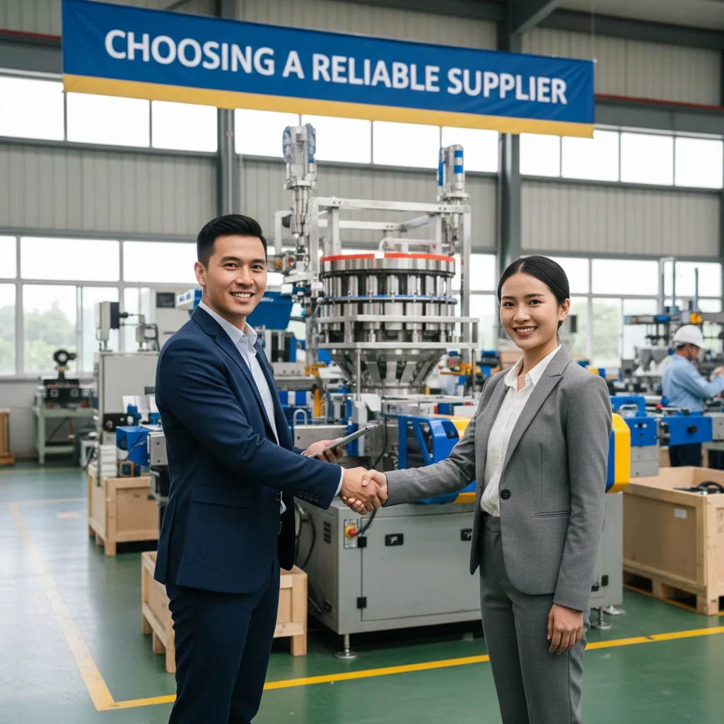 Two professionals shaking hands in front of a newly installed packaging machine in a factory.