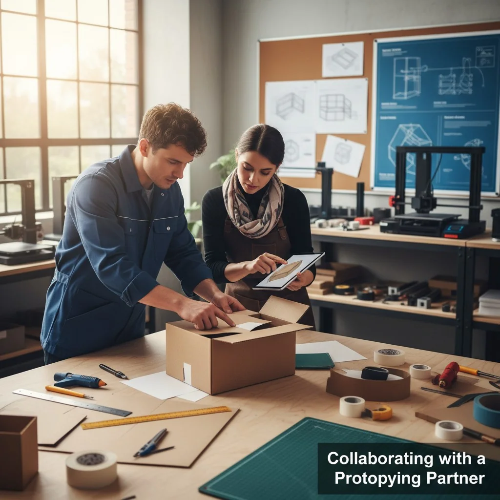 An engineer and a designer collaborating over a package prototype in a workshop