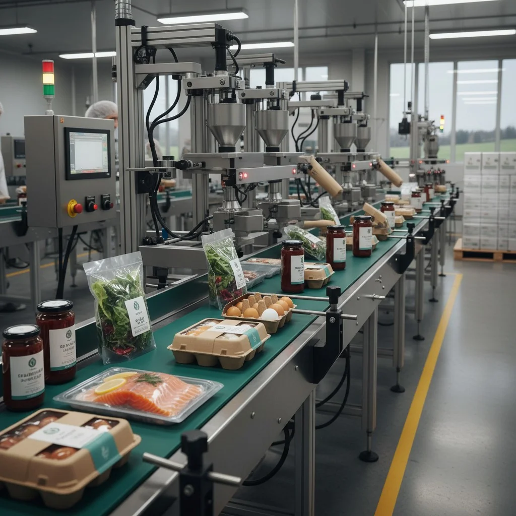 A variety of fresh food products in modern packaging on a production line