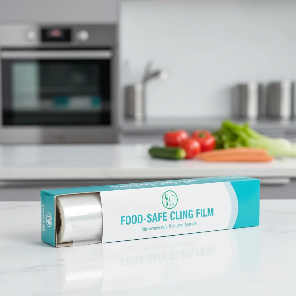 A roll of cling film with a food-safe fork and glass icon visible on the packaging