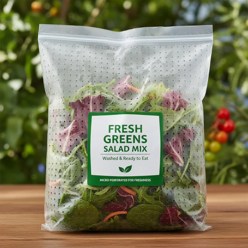 A bag of fresh salad mix with visible micro-perforations on the plastic