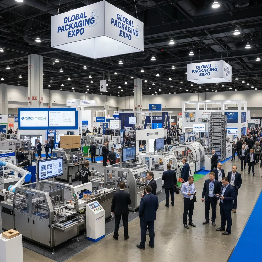 A bustling exhibition hall with various packaging machines on display