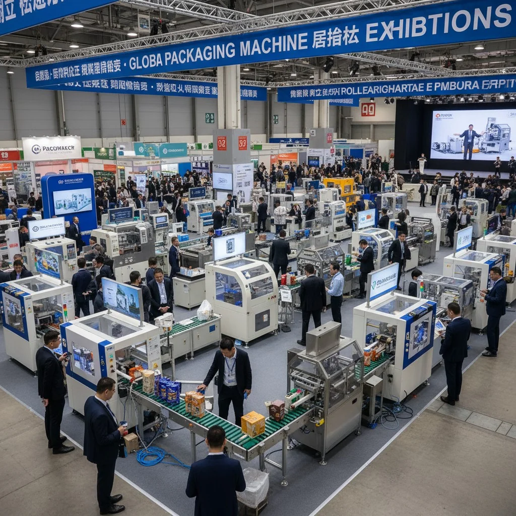 A bustling packaging machine exhibition hall with various machines in operation.