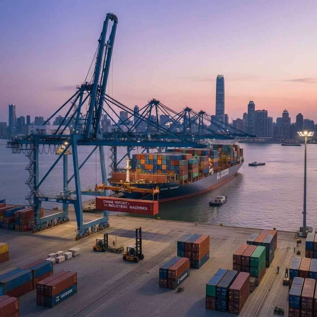 Shipping containers being loaded onto a cargo ship at a busy port