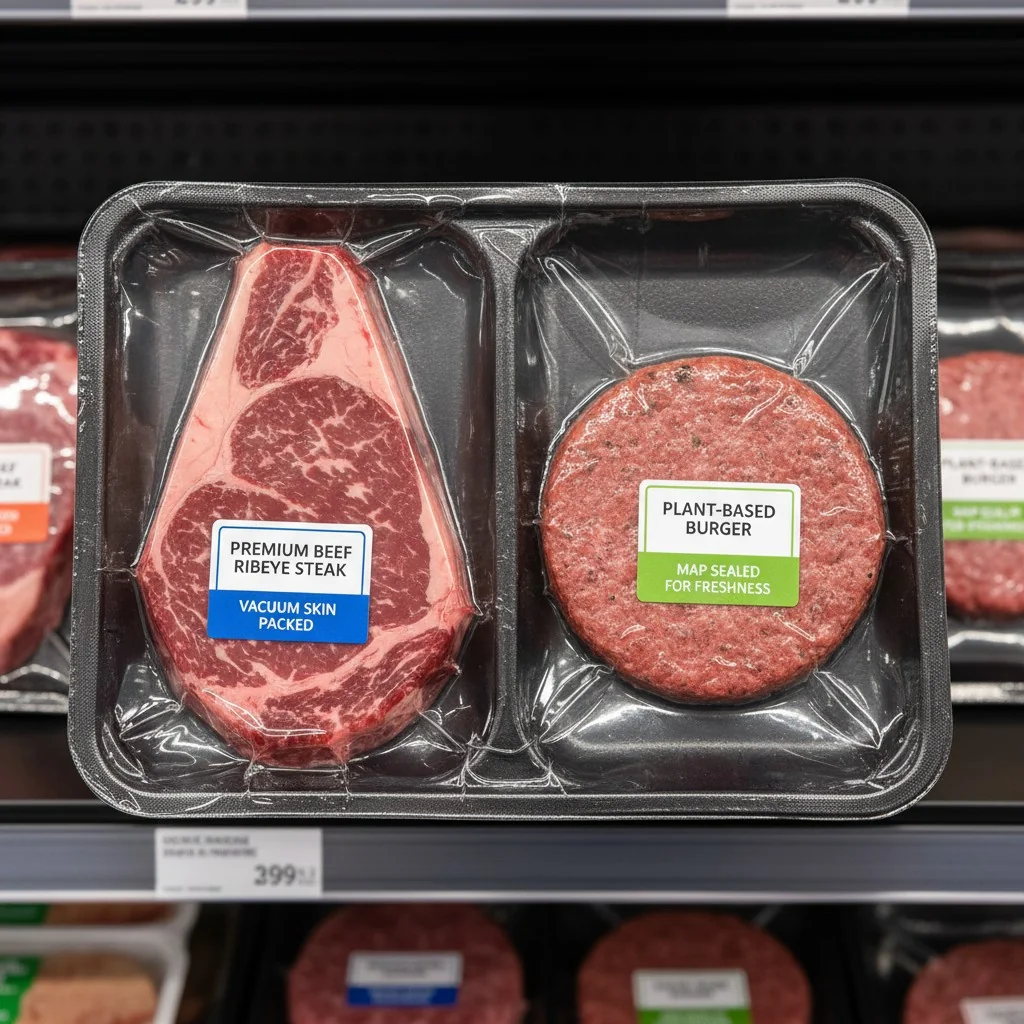 Vacuum skin-packed steak next to a plant-based burger patty in a MAP tray