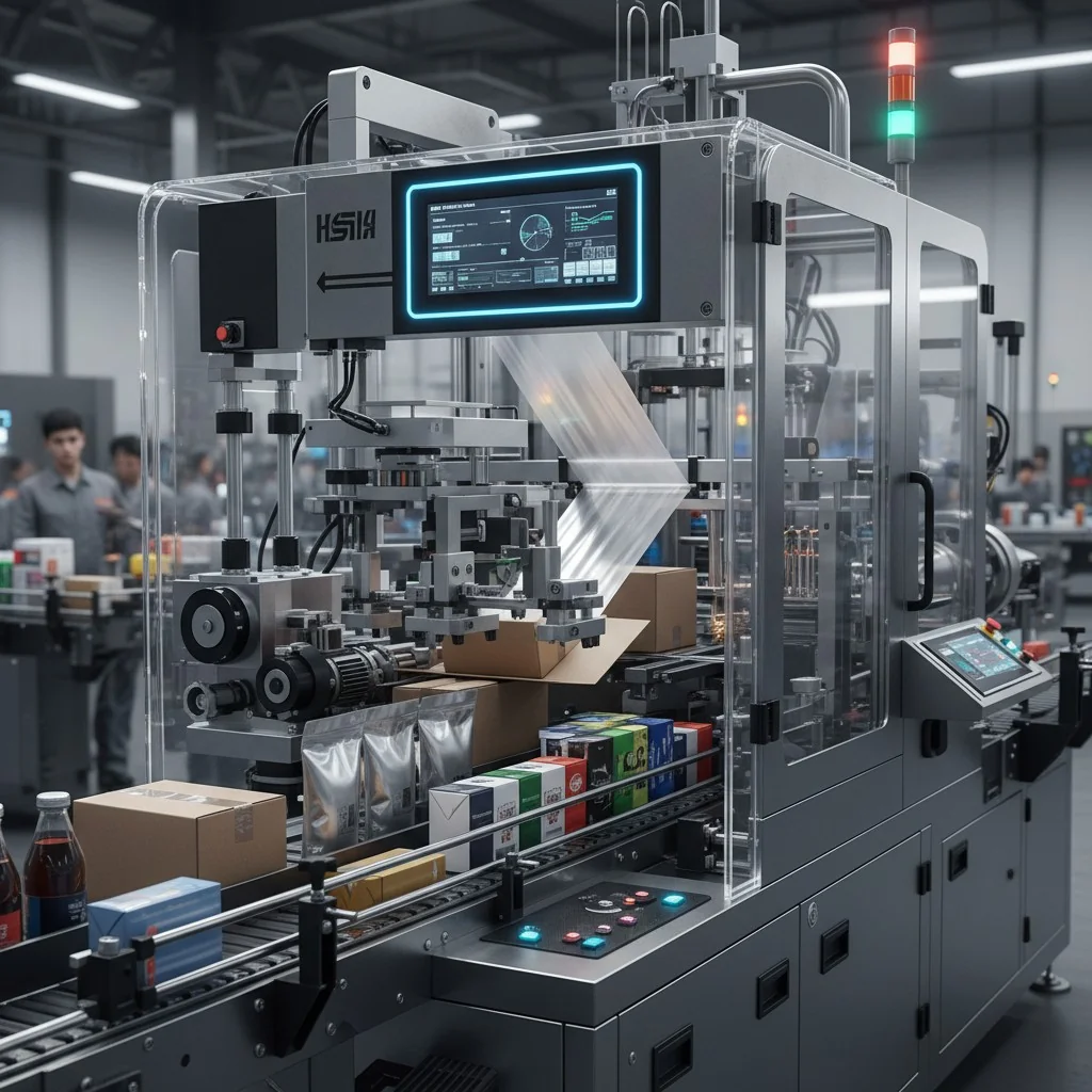 Close-up shot of a complex and modern packaging machine in action.