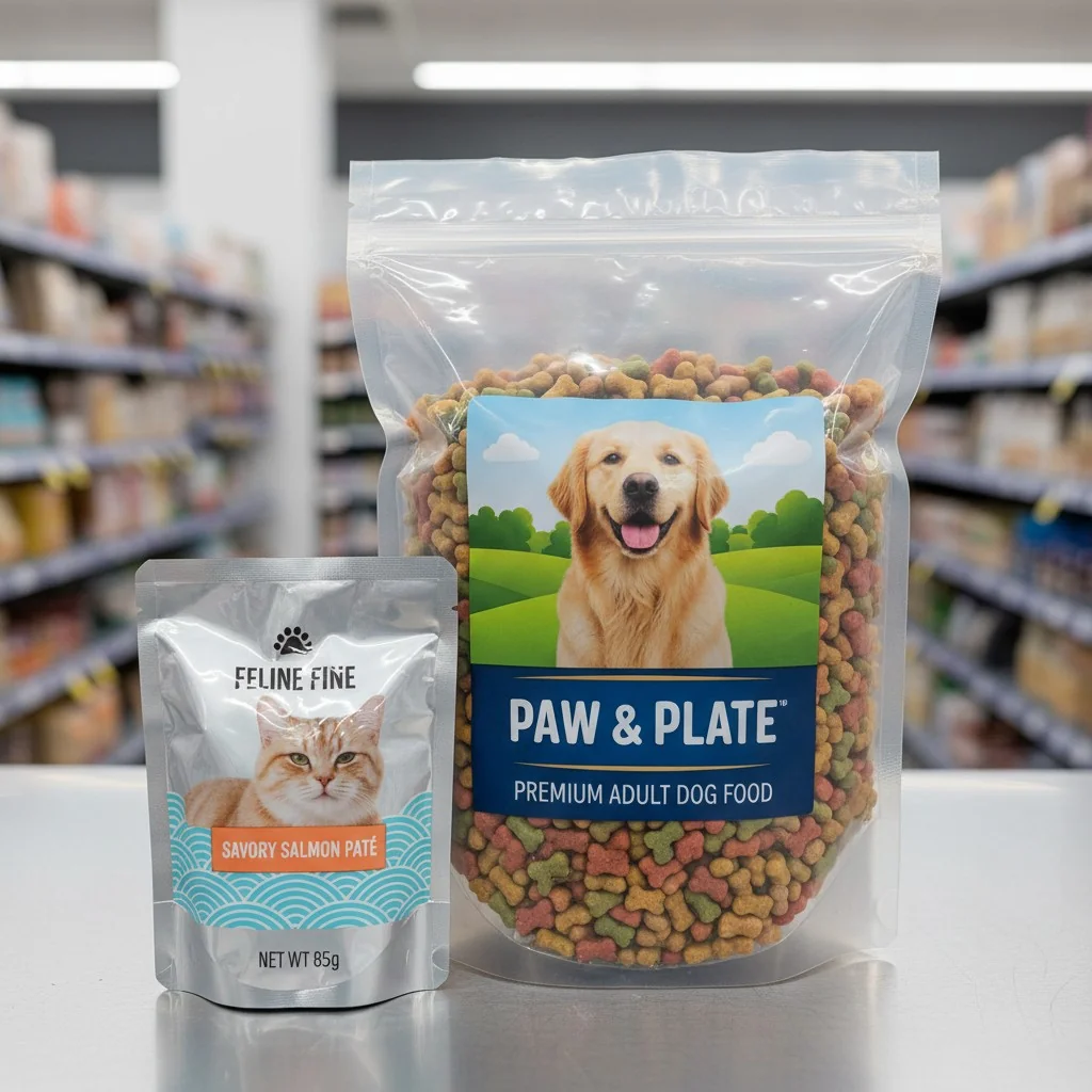 A large resealable bag of dog kibble next to a retort pouch of wet cat food