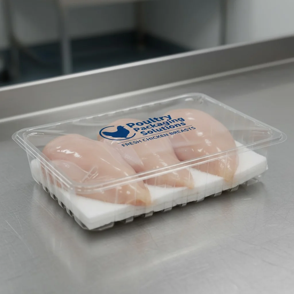 Fresh chicken breasts in a sealed MAP tray with an absorbent pad