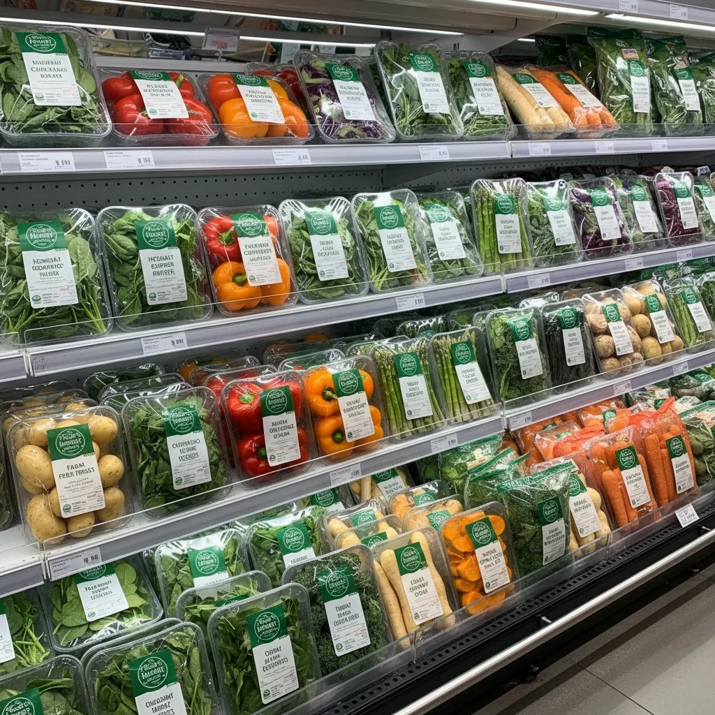 A variety of professionally packaged vegetables on a store shelf