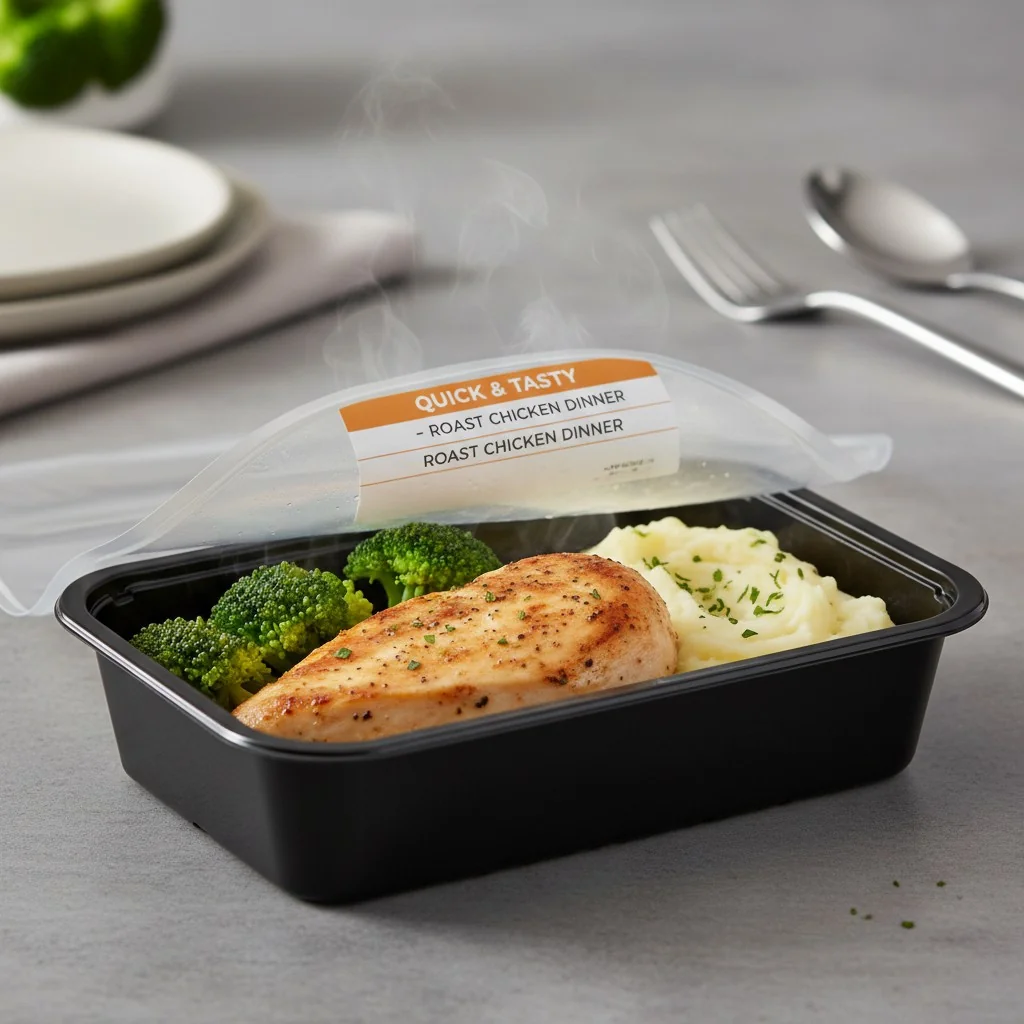A ready meal in a black CPET tray, partially peeled back to show the food