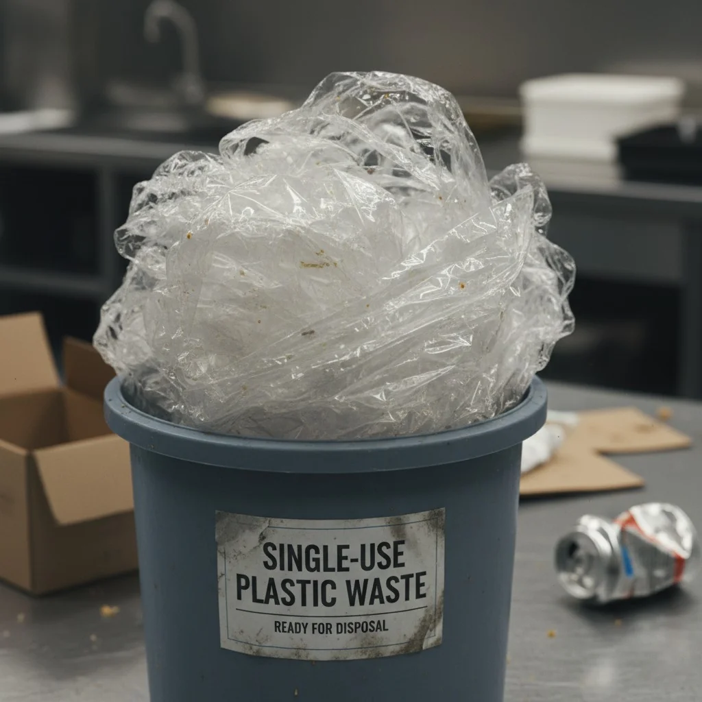 A tangled ball of single-use cling film plastic ready for the trash