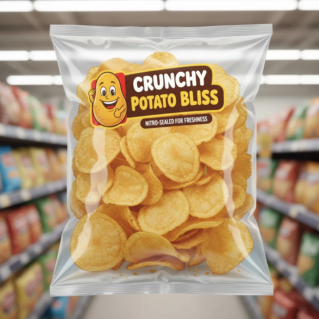 A pillow pouch of potato chips, slightly inflated with nitrogen