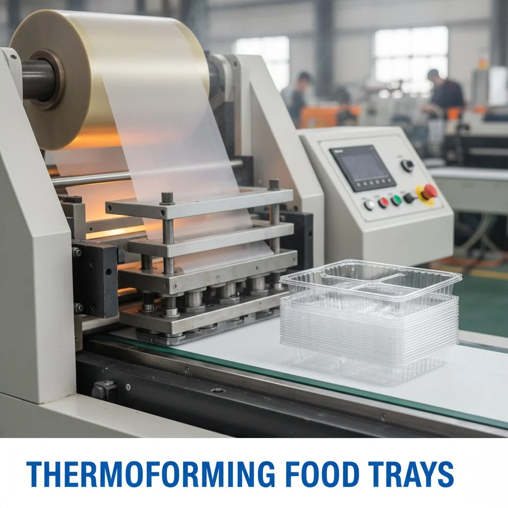 Close-up of a thermoforming machine creating plastic food trays