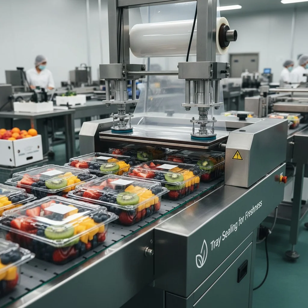 A tray sealing machine applying film to trays of fresh fruit