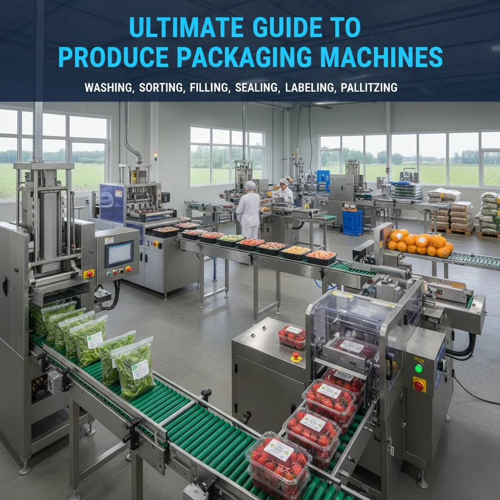 An array of different produce packaging machines in a factory setting