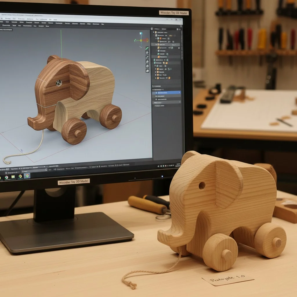 A 3D model of a wooden toy on a computer screen next to a physical prototype