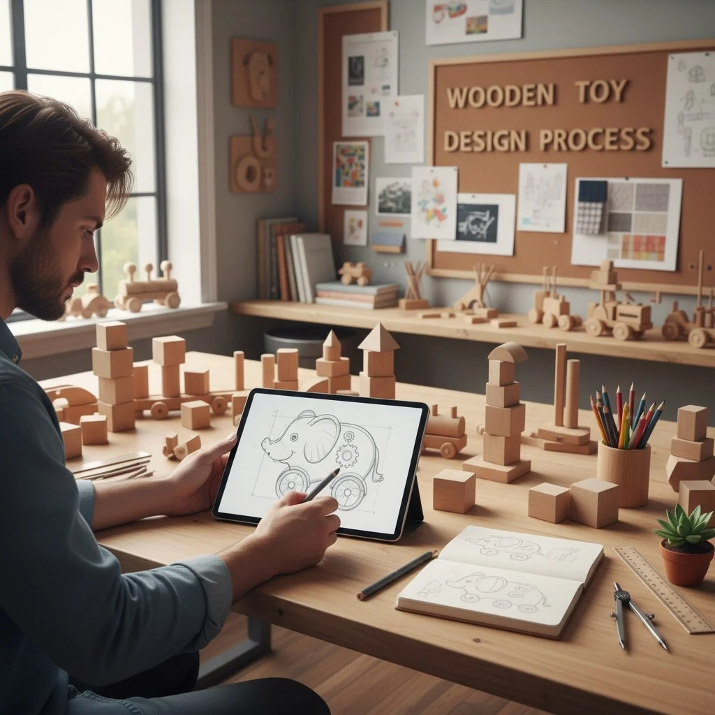 A designer sketching a wooden toy on a tablet with wooden blocks on the desk