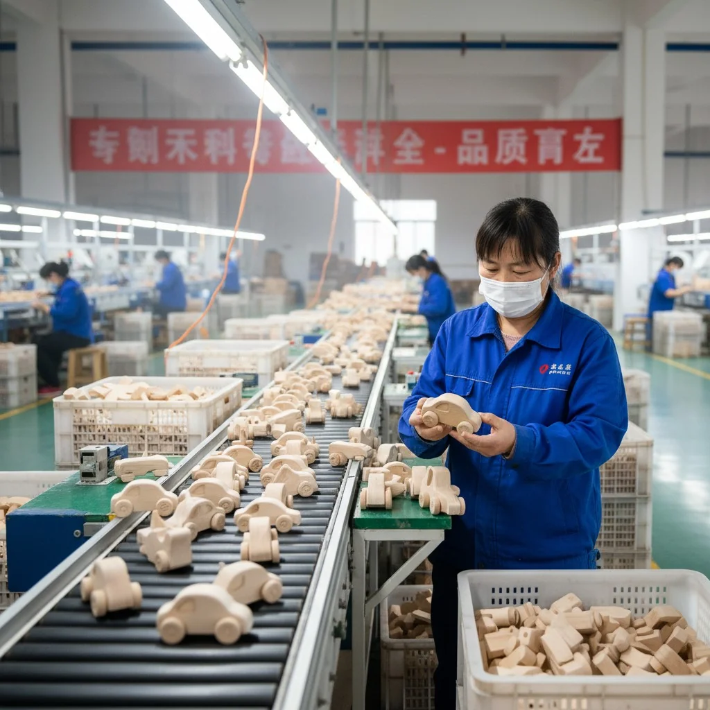 A factory worker in China inspecting a batch of wooden toys on a production line
